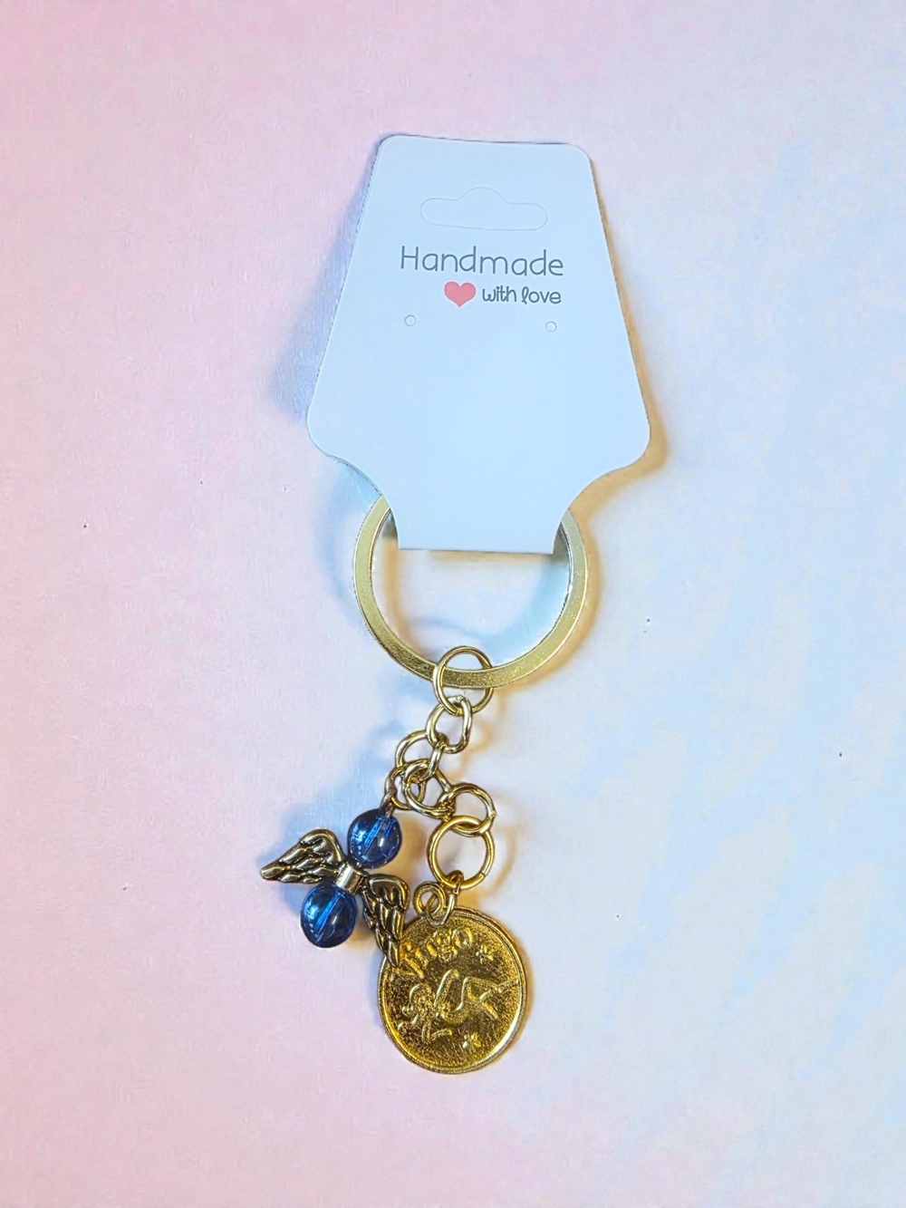Handmade Virgo Zodiac & Guardian Angel Gold Keyring